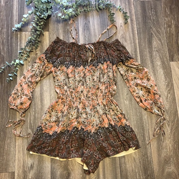 Free People Pants - Free People Orange Aztec Print Off Shoulder Romper